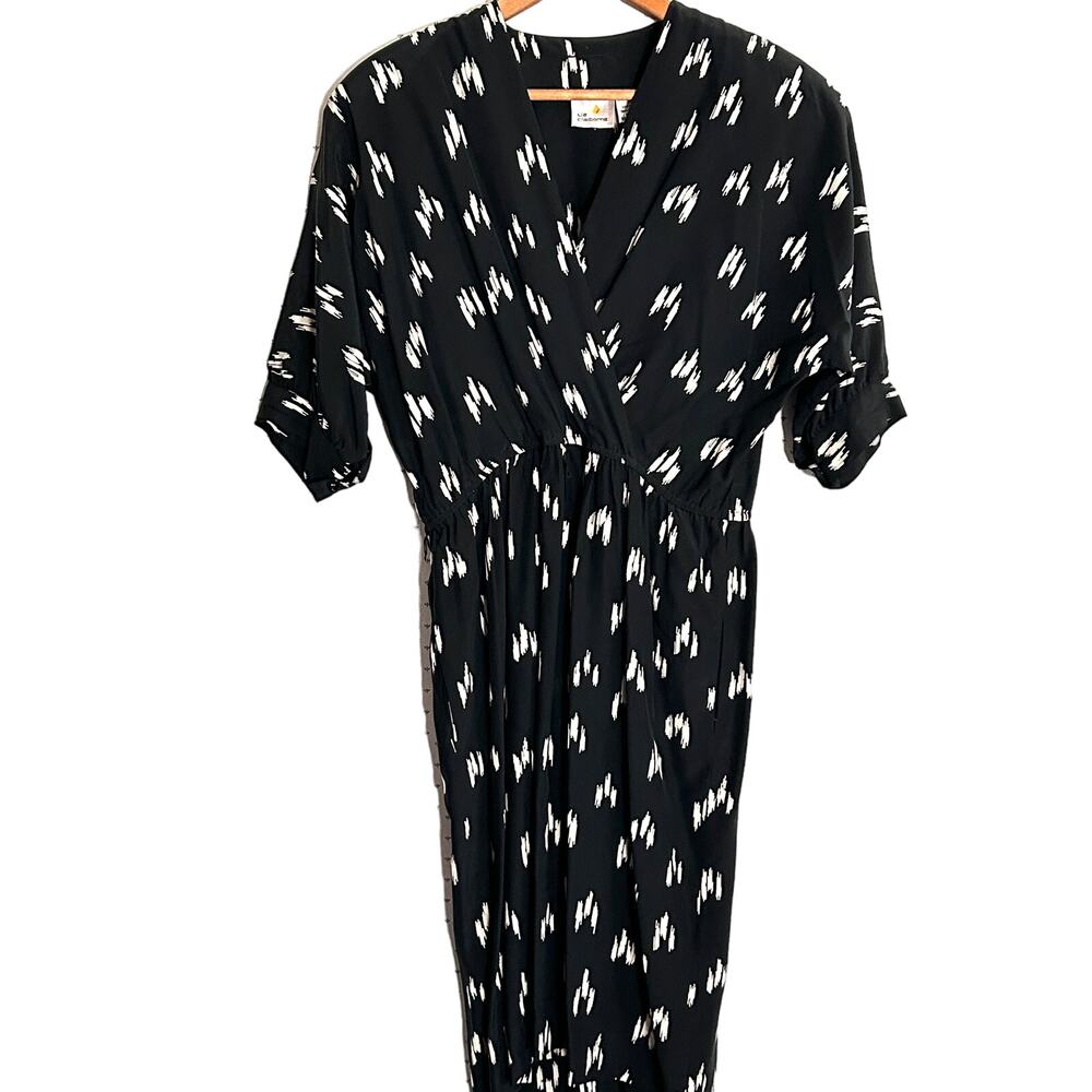 Liz Claiborne Silk Dress 8 M Black Wrap Surplice Print Midi Academia Vintage